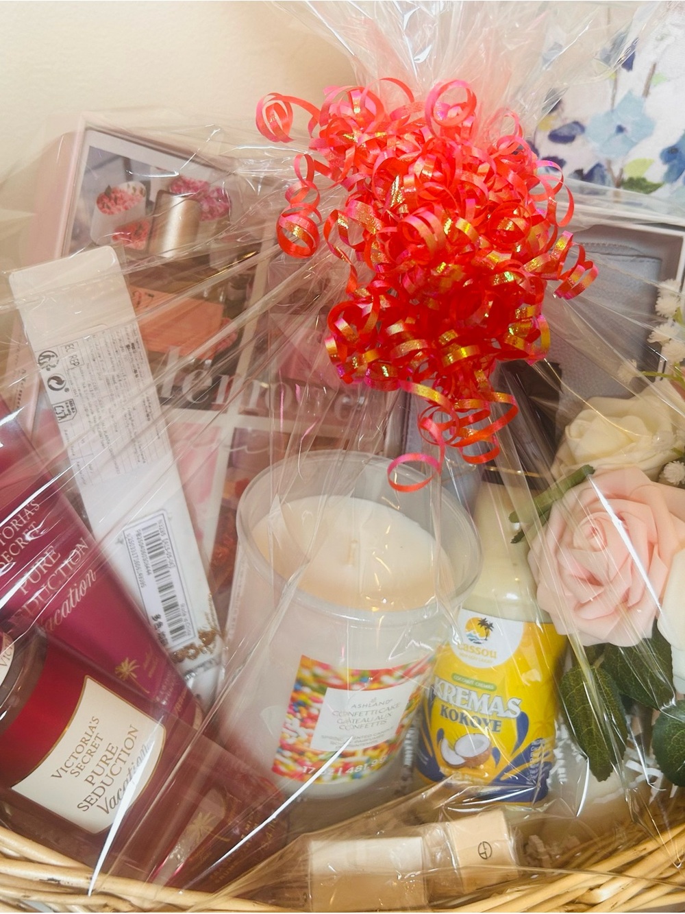 Victoria's Gift Basket with Bright Pink Curled Ribbon